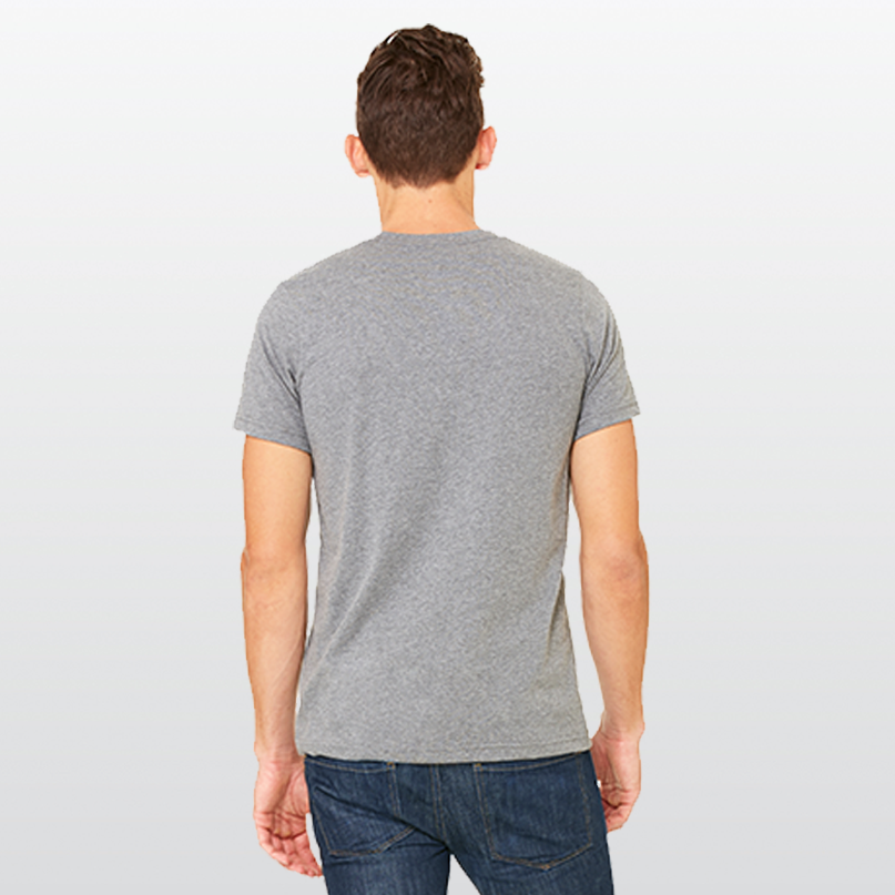The back of a man in a light grey t-shirt to show the fit, and that there is no graphic.