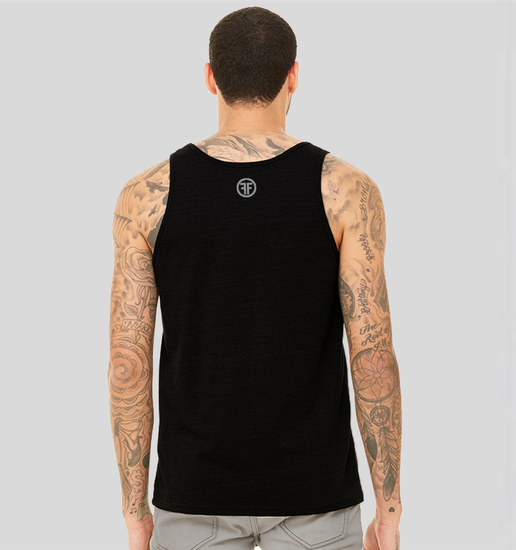 Back of a man wearing a black tank top with a grey background. The logo is below the collar line and has two Fs, back to back, with a circle around it.
