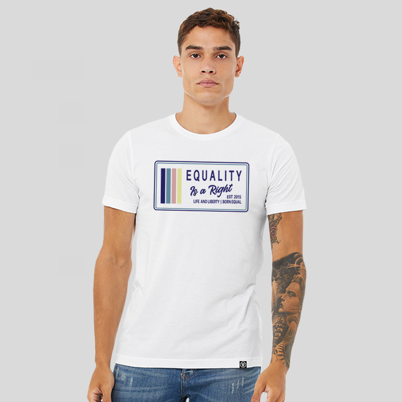 Man wearing a white t-shirt with the text, Equality, Life and Liberty, and Born Equal, in navy blue bold font. The text, Is a Right, is in navy blue script font. On the side of the logo are stripes of the colors navy blue, Slate Blue, Dusty Rose, and Bisque Gold.