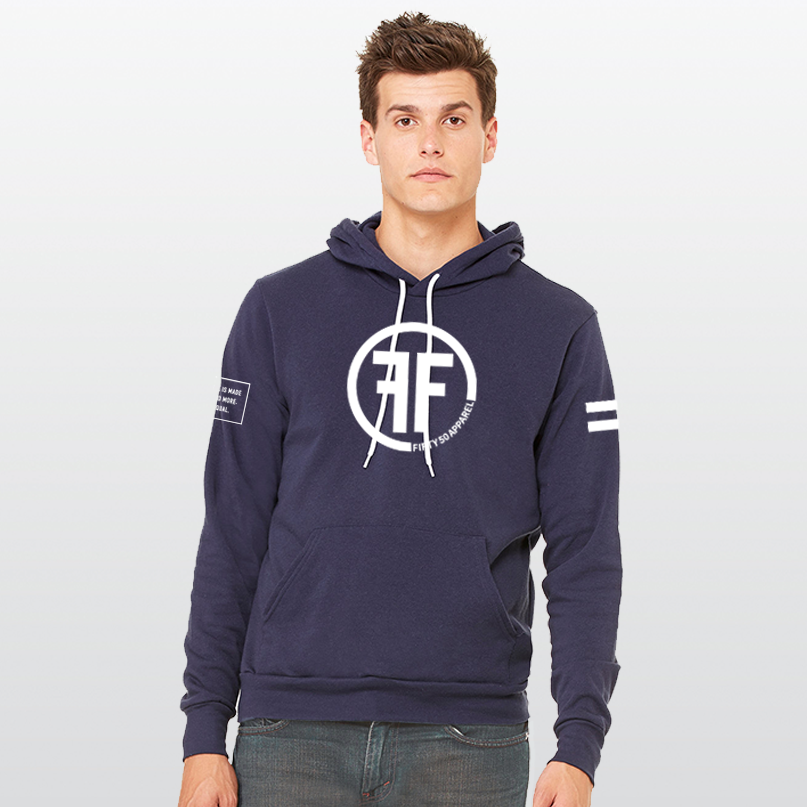 A man wearing a navy blue equality hoodie with a white equal sign on left arm, and the text, Fifty 50 Apparel is made for equality, no more, no less, just equal, on the right arm. Center chest logo has two Fs, back to back outlined by a circle.
