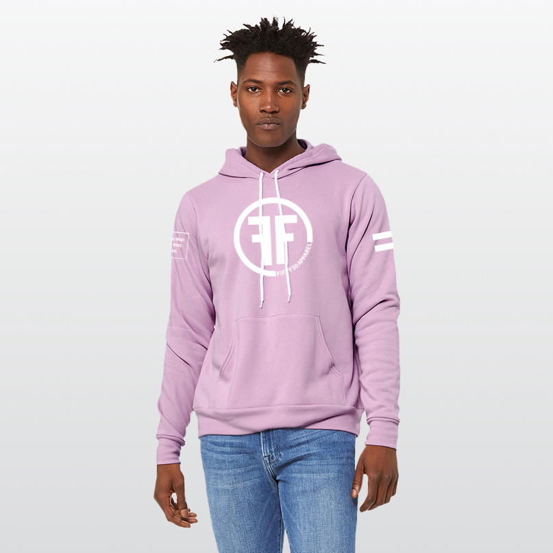 A man wearing a pink equality hoodie with a white equal sign on left arm, and the text, Fifty 50 Apparel is made for equality, no more, no less, just equal, on the right arm. Center chest logo has two Fs, back to back outlined by a circle.