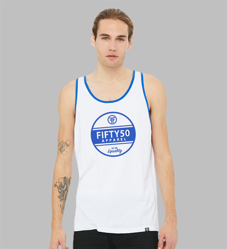 A  man wearing a white equality tank top with royal blue arm trim and collar. The text says Fifty50 Apparel, Established for equality and has three stripes in the middle of the circle. 
