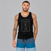 A man wearing a black sleevless tank top. The graphic is a the thin outline of grey rectangle with text inside it, that reads 'Fifty 50 Apparel Made For True Equality for All'.