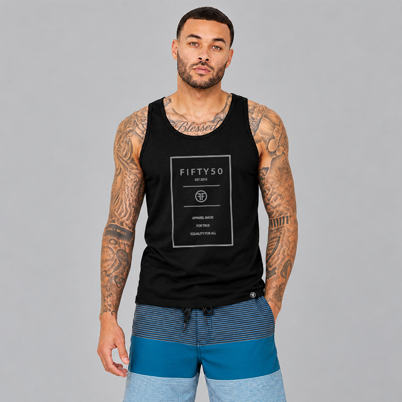 A man wearing a black sleevless tank top. The graphic is a the thin outline of grey rectangle with text inside it, that reads 'Fifty 50 Apparel Made For True Equality for All'.