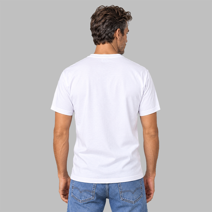 A man viewed from behind wearing a plain white short-sleeve crewneck t-shirt to show the unisex fit and that there are no graphics on the back, paired with blue jeans, set against a solid gray studio background.