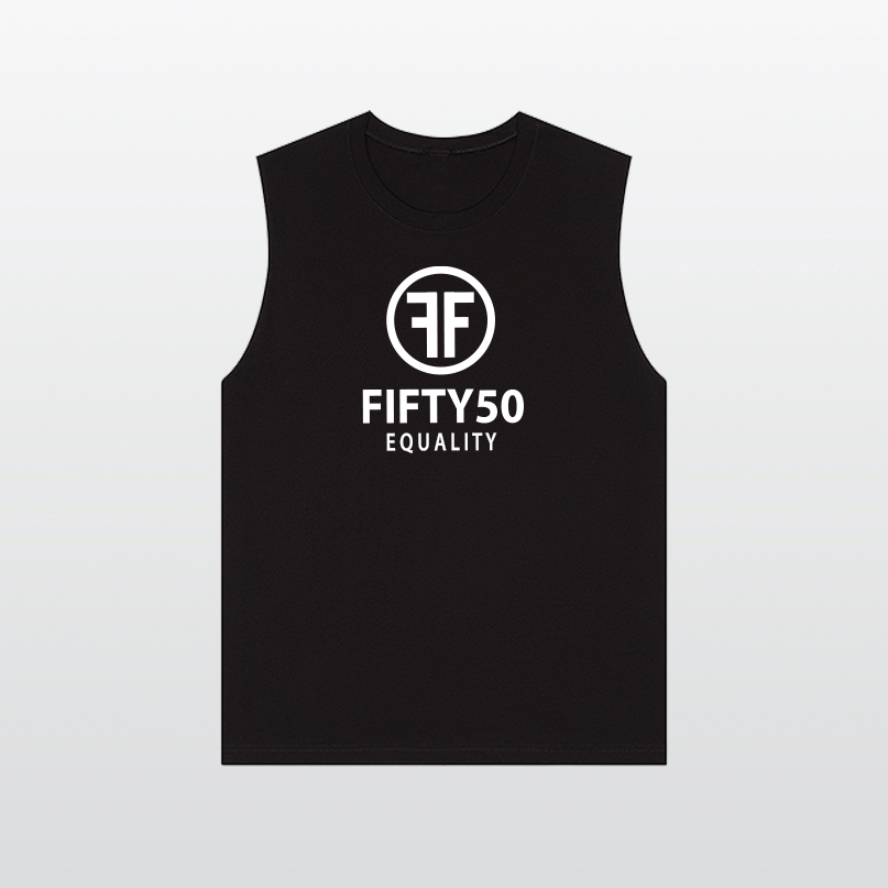 A black equality muscle tank top with a white logo. The text says Fifty50, Equality and the logo is two Fs, back to back, with a circle around it.