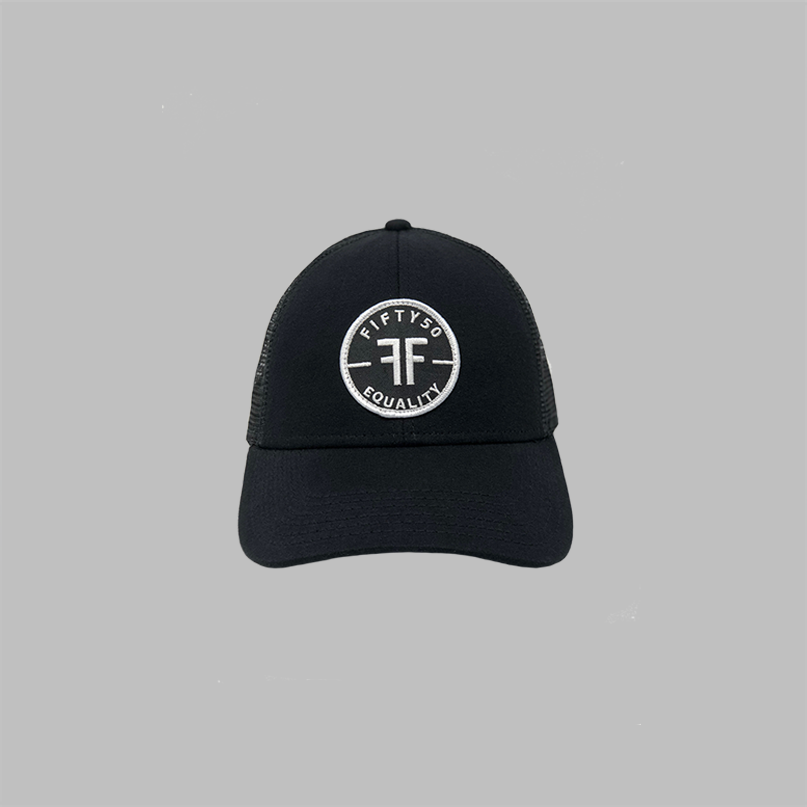 A black trucker equality hat with black mesh side panels. The round black patch text reads, Fifty50, Equality, in bold white font, with two Fs, back to back, in the center.
