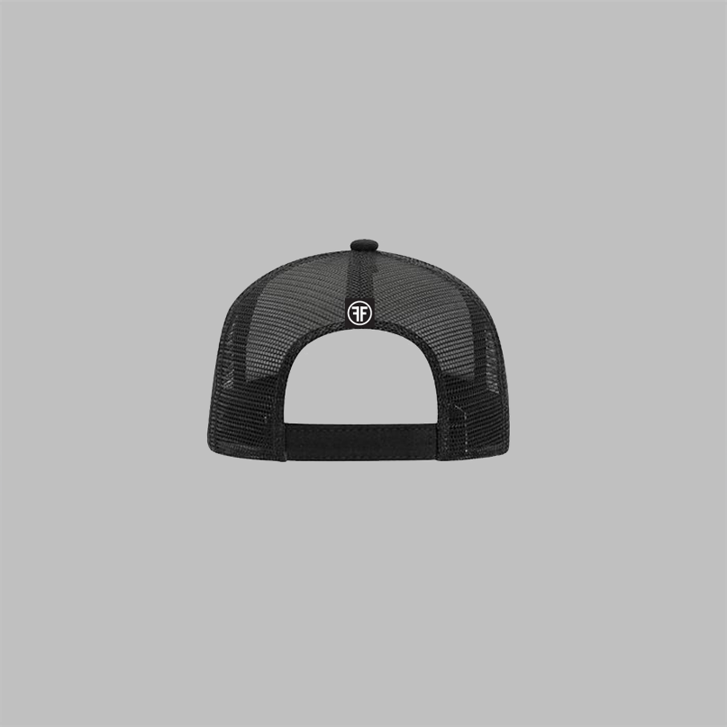 Back of a trucker hat with black mesh panels and a velcro back. A black label is sewn on the back, with two white Fs, back to back, surrounded by a circle.