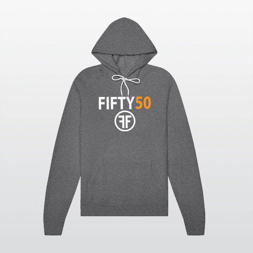 A heather grey hoodie with a logo. The text Fifty is in white bold font and the number fifty is in orange bold font. Under the text are two white Fs, back to back, surrounded by a circle. 