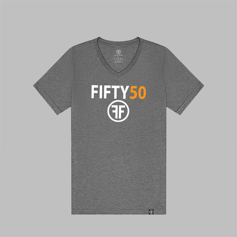 A heather grey v-neck t-shirt with a logo. The text Fifty is in white bold font and the number fifty is in orange bold font. Under the text are two white Fs, back to back, surrounded by a circle.     