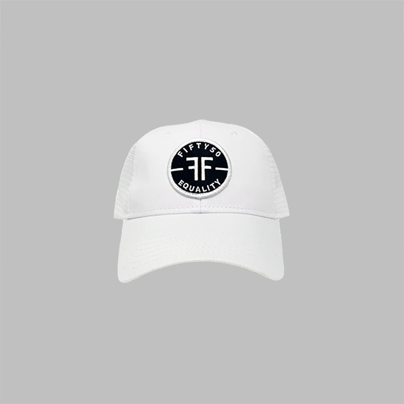 A white trucker equality hat with white mesh side panels. The round black patch text reads, Fifty50, Equality, in bold white font, with two Fs, back to back, in the center.