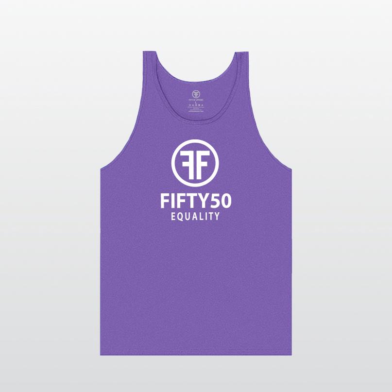 A heather purple equality tank top with a white logo in bold font. There are two Fs, back to back, surrounded by a circle and the text reads, Fifty50 with Equality below it.