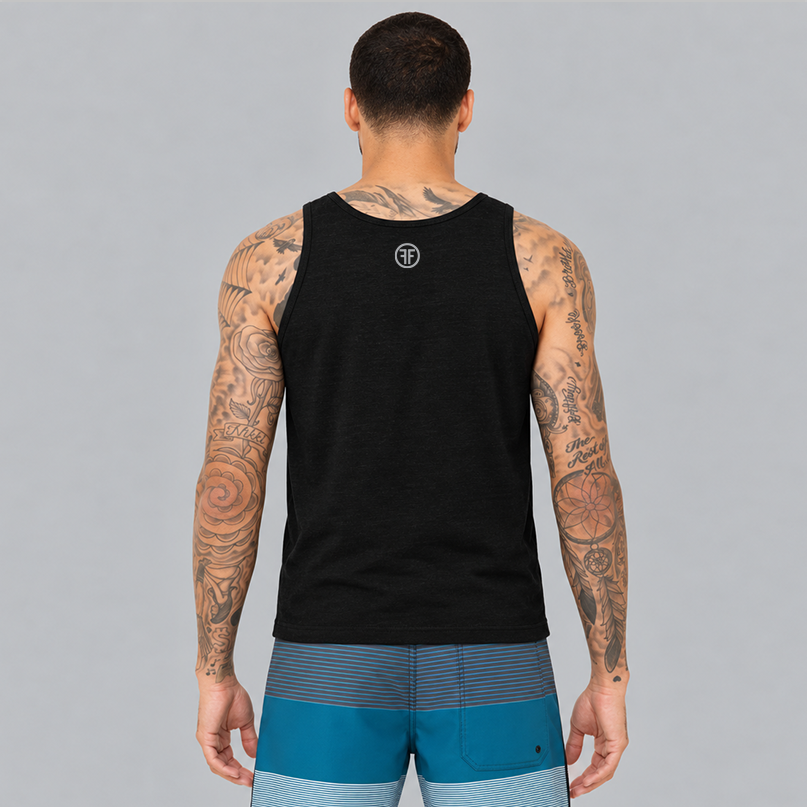Back of a man wearing a black tank top with a grey background. The Fifty50 logo is in light grey below the collar line.
