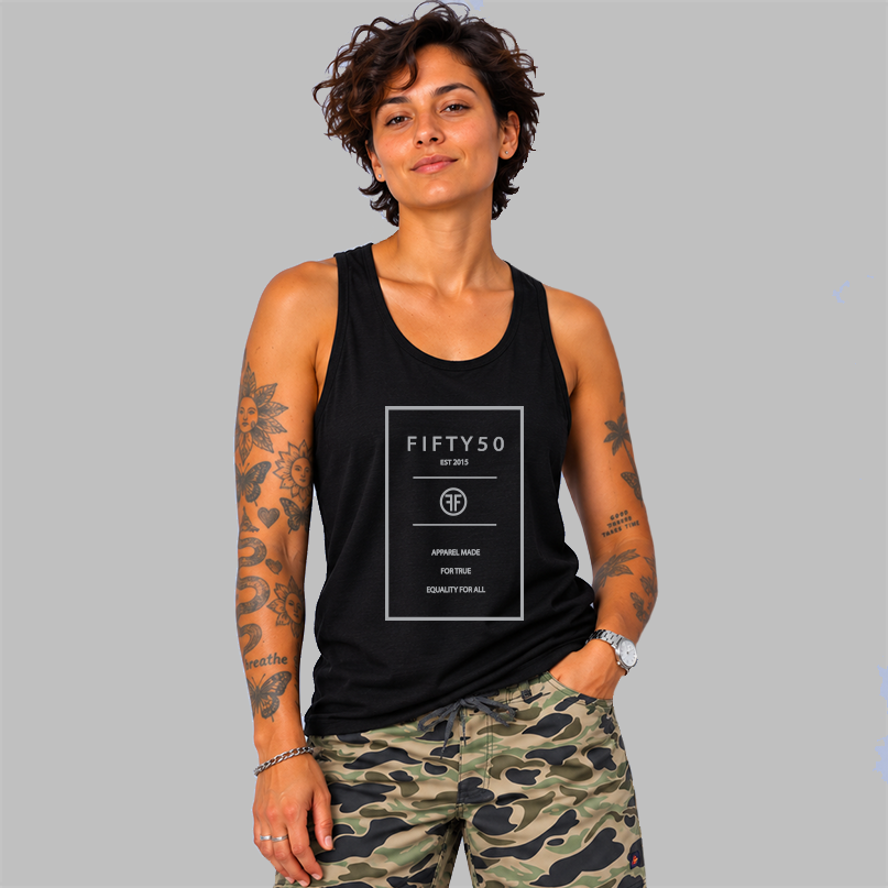 A man wearing a black tank top. The graphic is a the thin outline of grey rectangle with text inside it, that reads 'Fifty 50 Apparel Made For True Equality for All'.