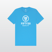 A heather turquoise equality tshirt with a white logo in bold font. There are two Fs, back to back, surrounded by a circle and the text reads, Fifty50 with Equality below it.