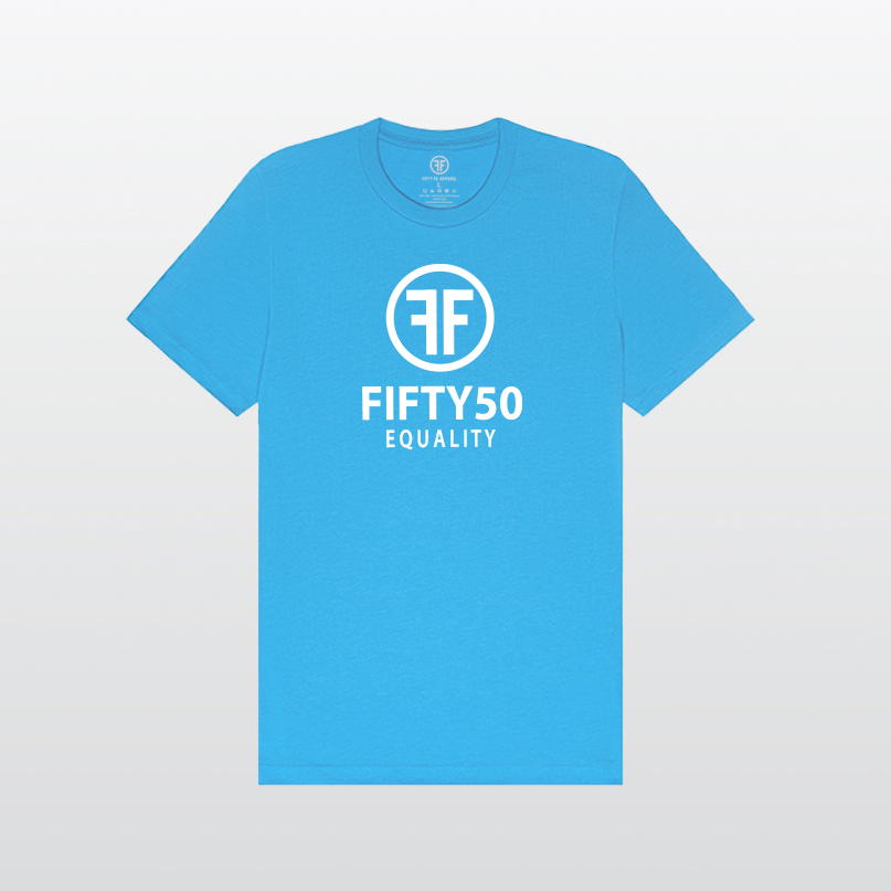 A heather turquoise equality tshirt with a white logo in bold font. There are two Fs, back to back, surrounded by a circle and the text reads, Fifty50 with Equality below it.