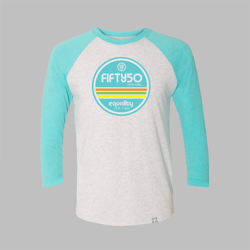 A light grey baseball Pride t-shirt, standing for equality, has aqua arms and collar. The graphic is round in aqua, orange, green, and yellow, and the text says Fifty 50 Equality, Live Free.