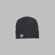 A dark grey beanie with a rolled up cuff. It has a white embroidered logo with two Fs, back to back, outlined by a circle, on the left front.