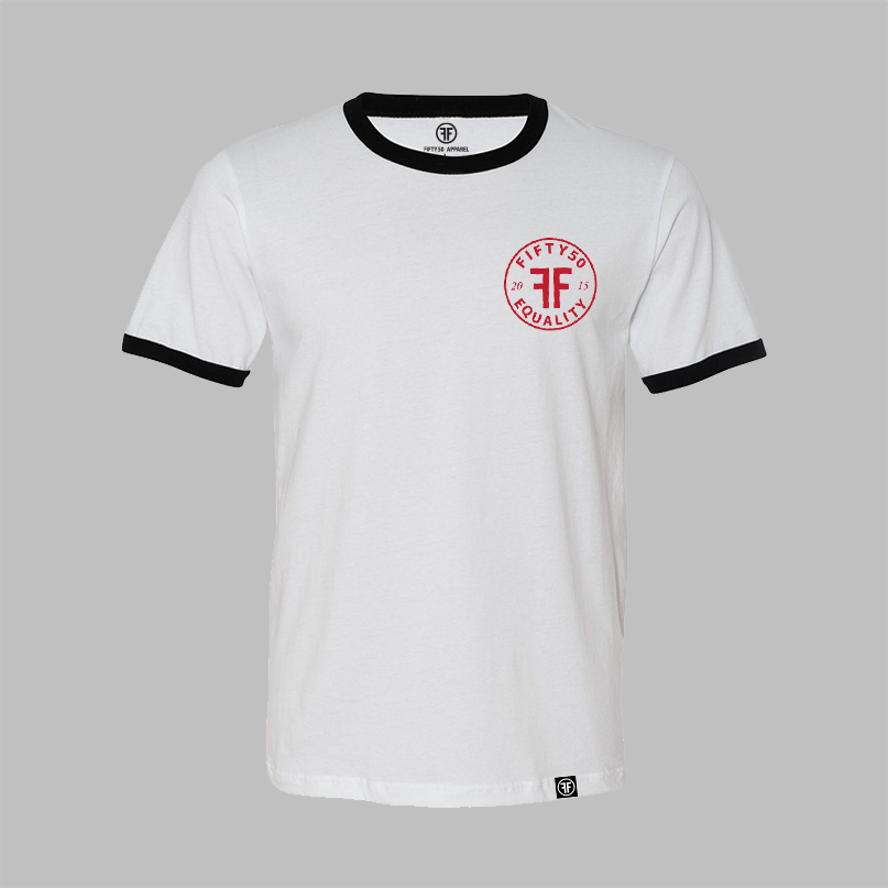 A white ringer t-shirt with black trim on the collar and sleeve cuffs, featuring a red circular 'FIFTY50 EQUALITY 2015' logo on the left chest. The shirt is displayed flat against a solid gray background.