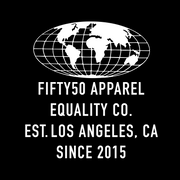 White graphic on a black background featuring a globe outline above the text 'FIFTY50 APPAREL', 'EQUALITY CO.', 'EST. LOS ANGELES, CA SINCE 2015