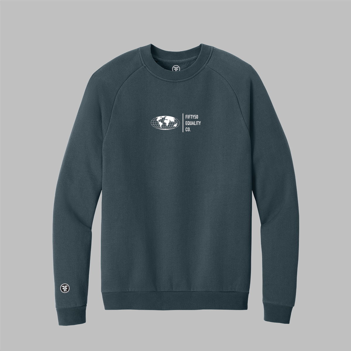 A dark slate blue crewneck sweatshirt with a globe and the graphic text 'Fifty50 Equality Co'.  A small white logo on the right sleeve is displayed against a solid blue background.