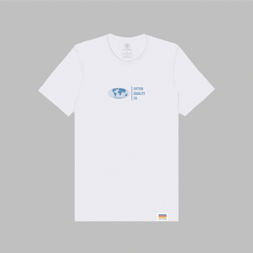 A white short-sleeve crewneck t-shirt with a blue graphic on center chest featuring a globe and the text 'FIFTY50 EQUALITY CO'. A blue, red, orange, and yellow tag is sewn on the bottom left hem.