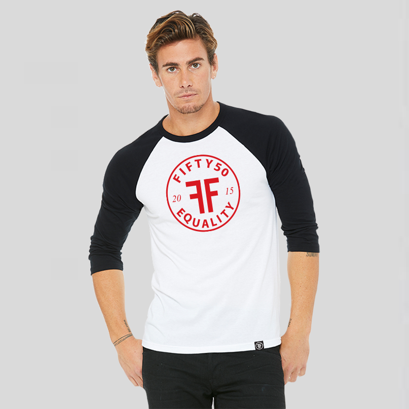 A man wearing a white baseball t-shirt with a black collar and arms. Red center chest logo is round and has the text Fifty 50 at the top and Equality at the bottom with two Fs, back to back in the middle.