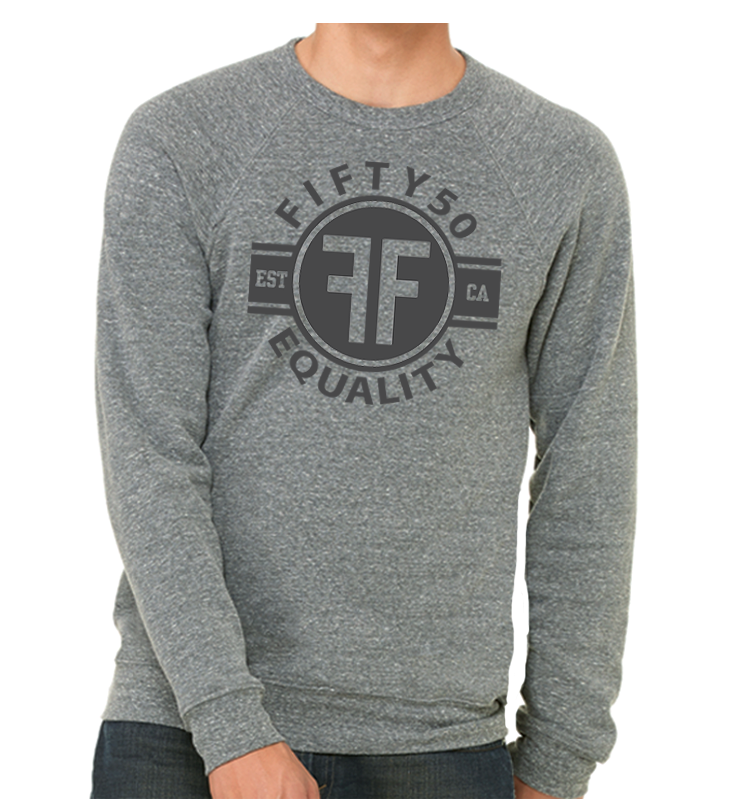 Man wearing a heather grey equality crew sweatshirt. The text of the black graphic says Fifty50, Equality, and has two Fs, back to back in a circle.