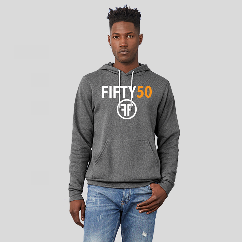 A man wearing a heather grey hoodie with a logo. The text Fifty is in white bold font and the number fifty is in orange bold font. Under the text are two white Fs, back to back, surrounded by a circle. 