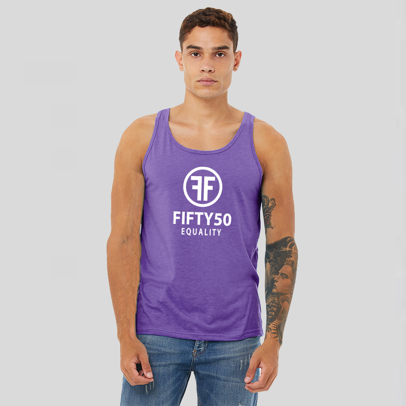 A man wearing a heather purple equality tank top with a white logo in bold font. There are two Fs, back to back, surrounded by a circle and the text reads, Fifty50 with Equality below it.