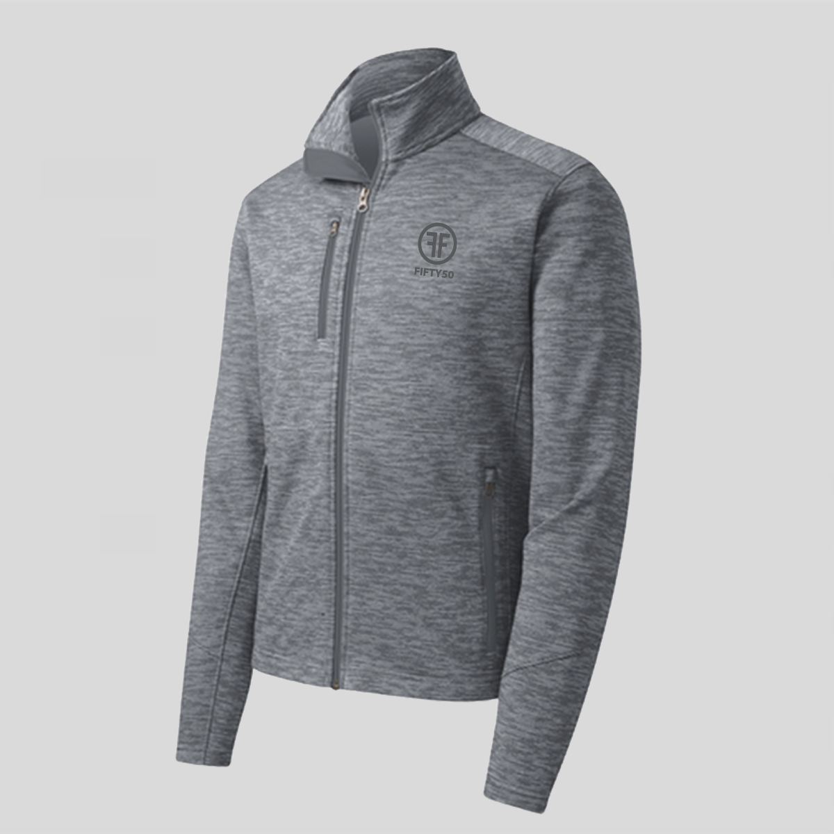 A grey jacket with two zippered side pockets, and a zippered right chest pocket. There is a grey embroidered logo on the left chest that has two Fs, back to back, with the text Fifty50